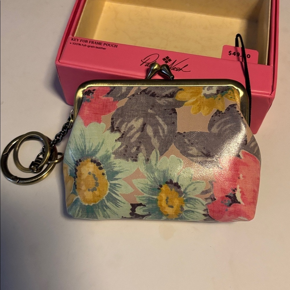 PATRICIA NASH MULTICOLOR FLORAL FRAME POUCH WITH KEY RINGS GENUINE LEATHER NEW - Picture 6 of 14